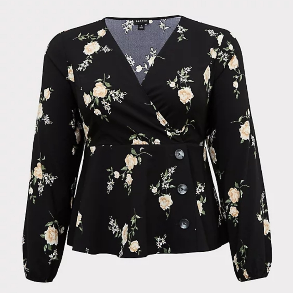 TORRID FLORAL CREPE SURPLICE MIDI PEPLUM BLOUSE